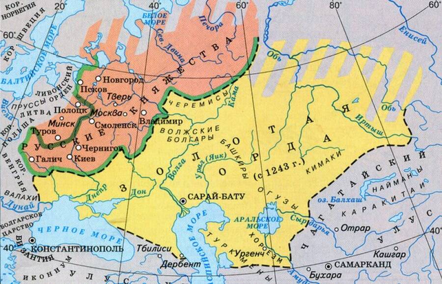Золотая Орда и русские княжества на карте.