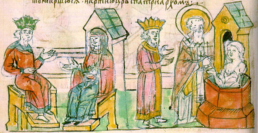 Крещение княгини Ольги в Царьграде. Миниатюра из Радзивилловской летописи, XV век.