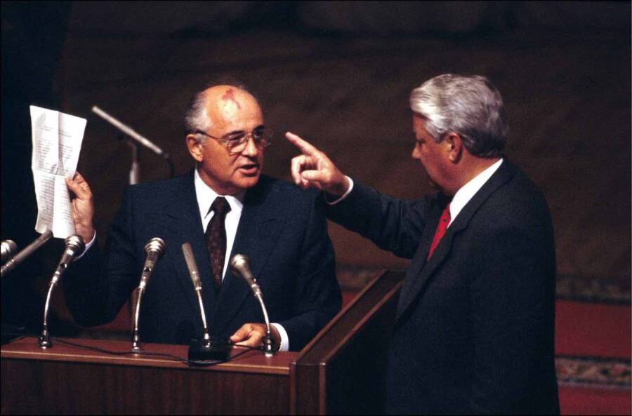 Mikhail Gorbachev and Boris Yeltsin after the failure of the August putsch.  