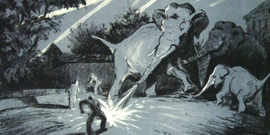 «Воздушная тревога». Слон Шанго тушит зажигательную бомбу. 
