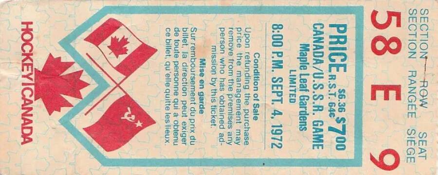 Билет на матч Канада – СССР  4 сентября 1972 г.