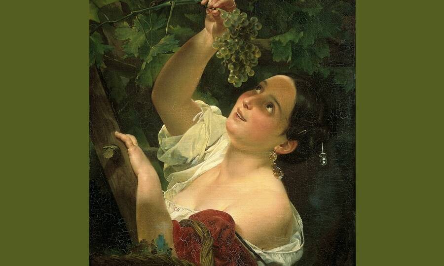 «Итальянский полдень» («Итальянка, снимающая виноград») (фрагмент). Художник К.П. Брюллов, 1827 год.