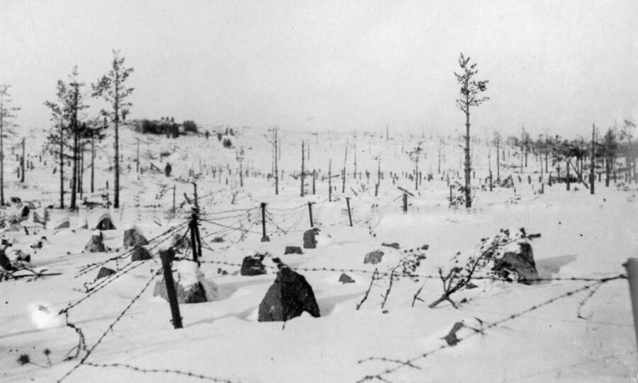 Завалы из камней, колючая проволока и вдали ДОТ SJ-5, прикрывавший дорогу на Выборг (зима 1940-го). 