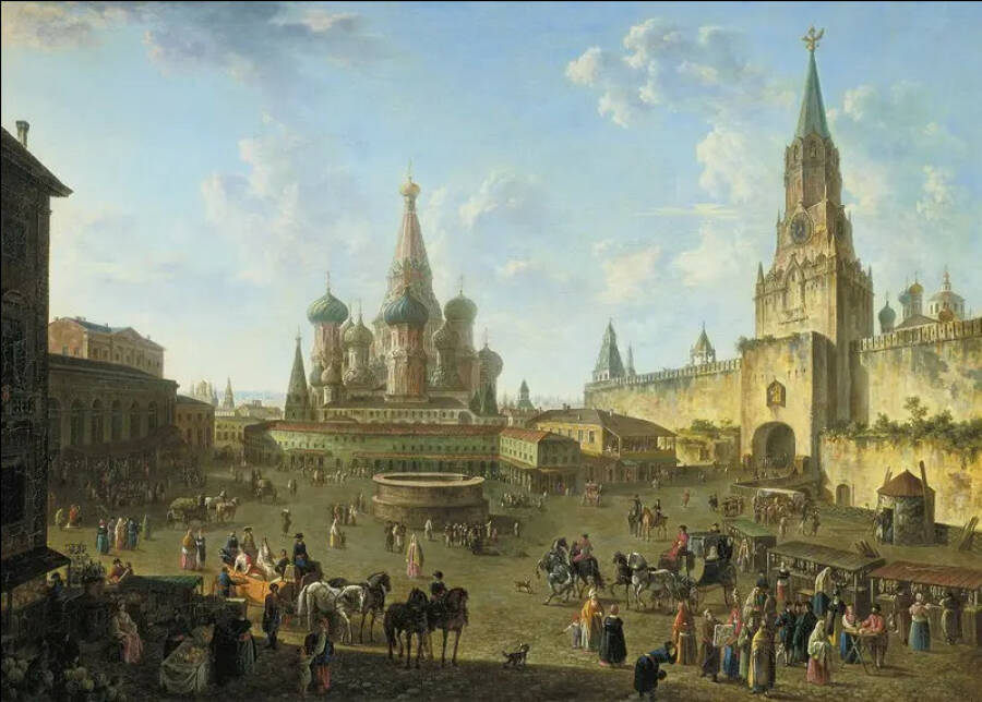 Картина Фёдора Алексеева «Вид Красной площади с собором Василия Блаженного». Начало 1800-х годов. Государственная Третьяковская галерея. 