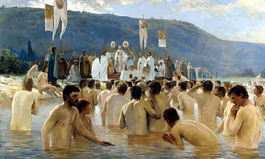 В.И. Навозов «Крещение», 1887 год. Принятие христианства Русью «дало дорогу» самым популярным ныне именам.