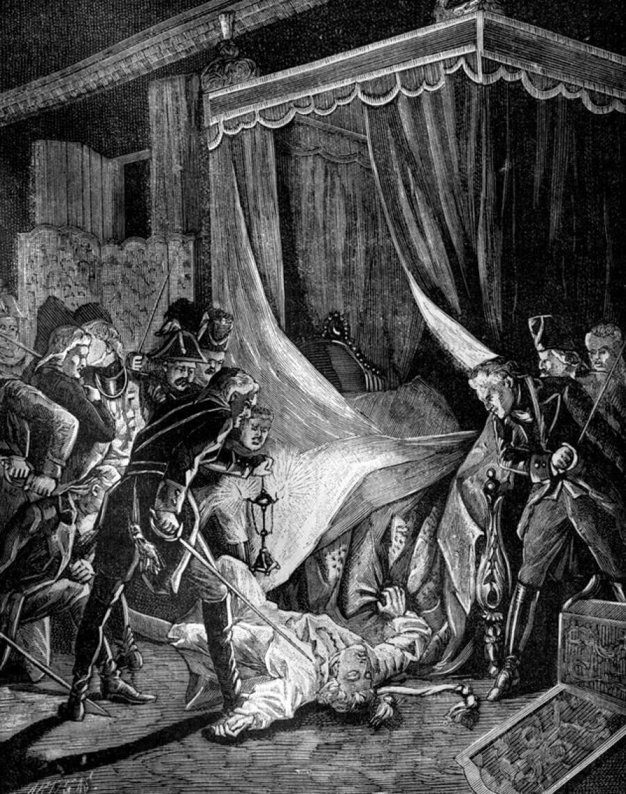 Гравюра Жака-Жака Утвайта с оригинала Филиппото. Убийство императора Павла I (французская гравюра, 1880-е годы).