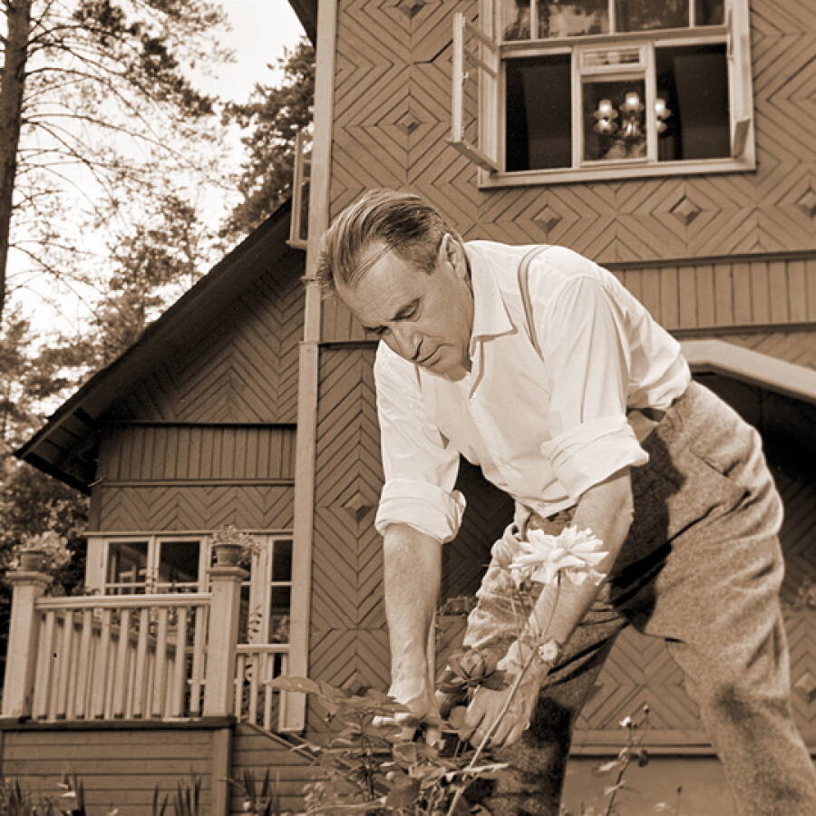 Валентин Катаев работает в саду на своей даче в посёлке Переделкино, 1959 год. 