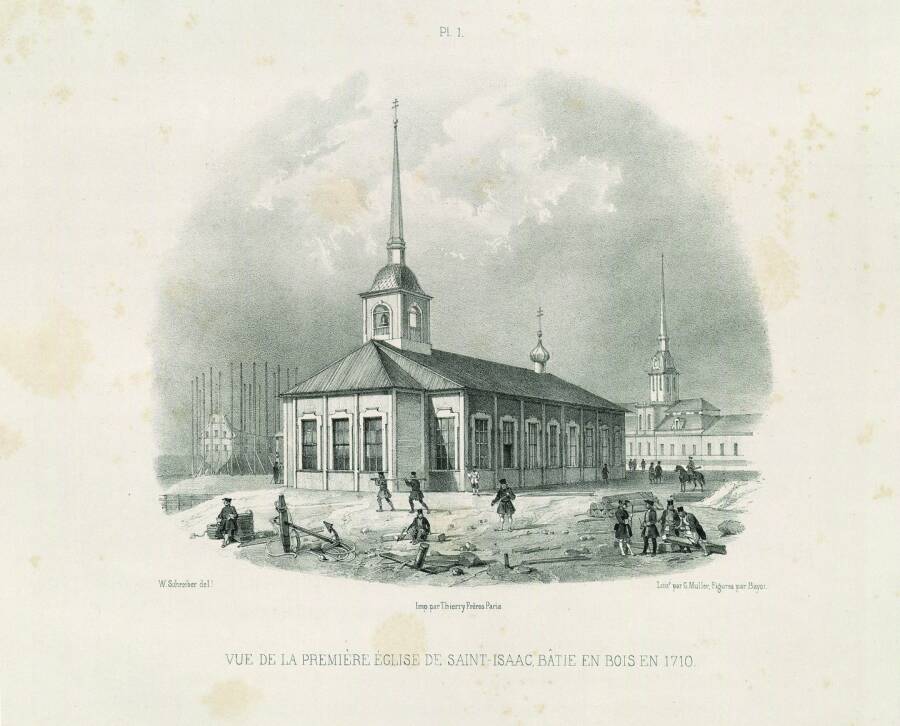 Исаакиевская церковь петровских времен. Гравюра 1710 года