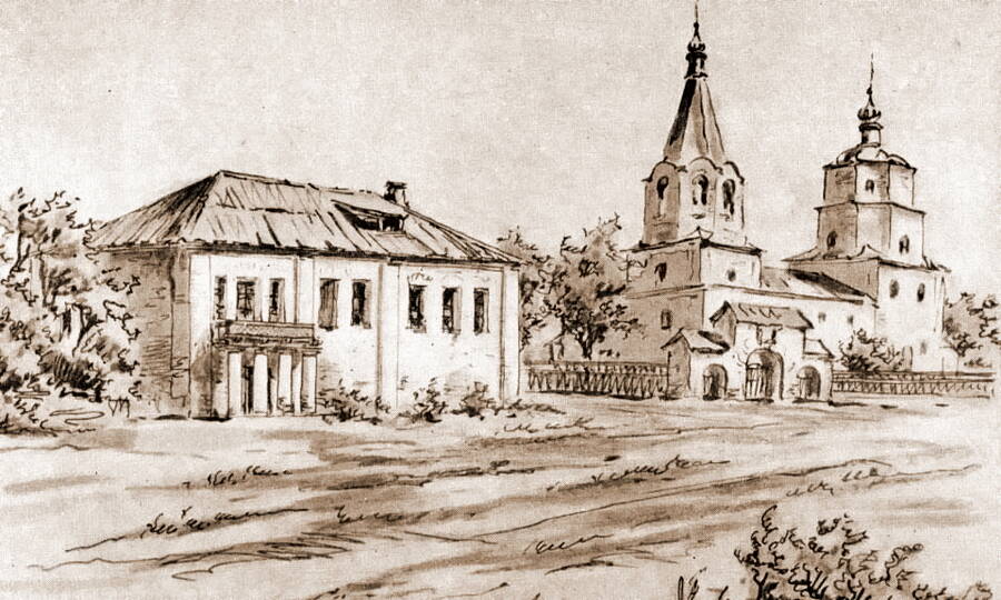 Дом семьи Радищевых и усадебная церковь в Верхнем Аблязове. С акварели Э.Б. Бернштейна, 1949 год. 