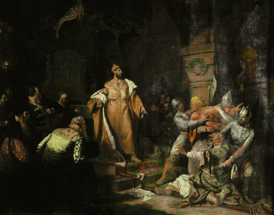 Картина Н. С. Шустова «Иван III свергает татарское иго, разорвав изображение хана и приказав умертвить послов» (1862). 