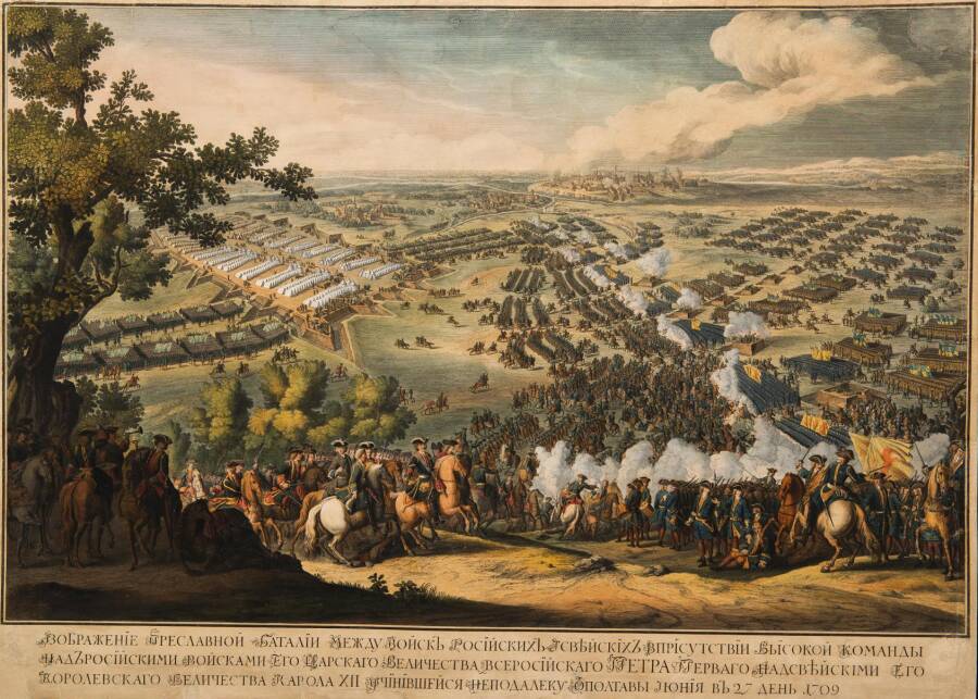 Полтавское сражение между Россией и Швецией 1709 года. Гравюра Лермессена (с карт.Мартенса).