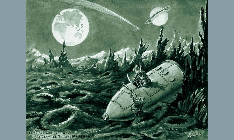 Так более 100 лет назад представляли высадку на Луну. Эскиз к фильму Жоржа Мельеса «Путешествие на Луну», снятому в 1902 году по мотивам произведений Жюль Верна. 