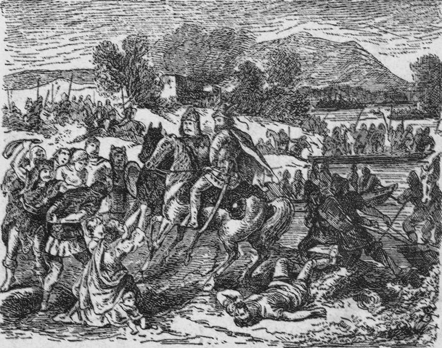 «Авары грабят балканские земли». Иллюстрация Косты Мандровича, 1885 год.