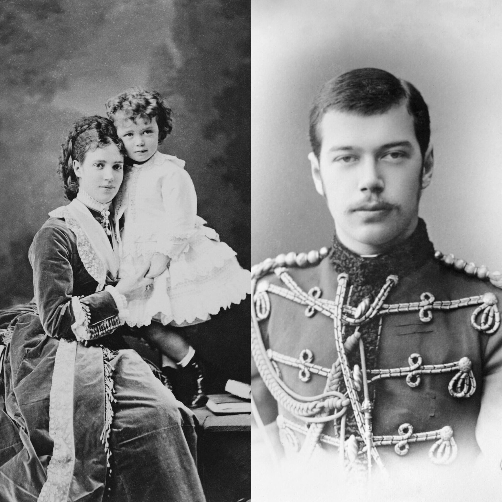 Великий князь Николай Александрович c матерью Марией Фёдоровной в 1870 году и цесаревич Николай Александрович в 1889 году.
