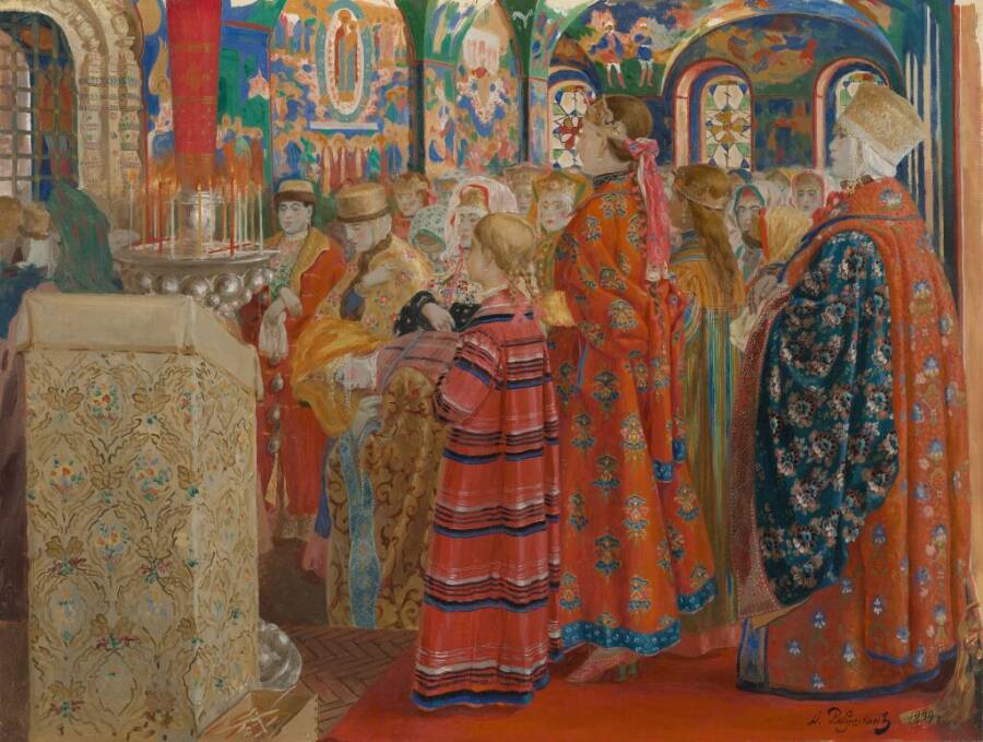 А.П. Рябушкин «Русские женщины XVII столетия в церкви», 1899 год. Из собрания Третьяковской галереи
