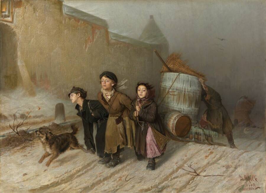 «Тройка. Ученики-мастеровые везут воду», 1866 год. Из собрания Третьяковской галереи
