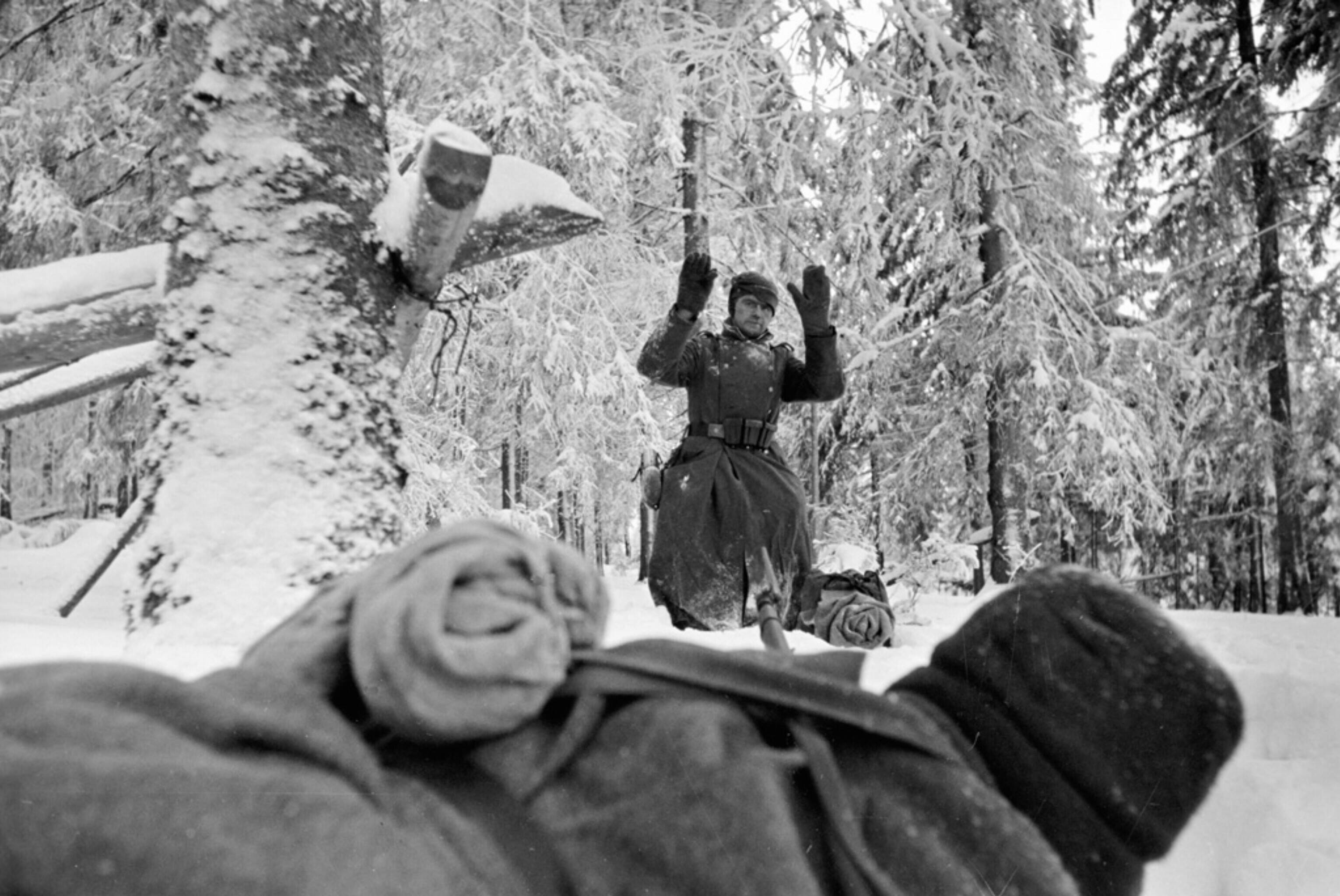 Немец выходит из леса с поднятыми вверх руками (RIA Novosti archive, image #603 / Samaryi Guraryi / CC-BY-SA 3.0)