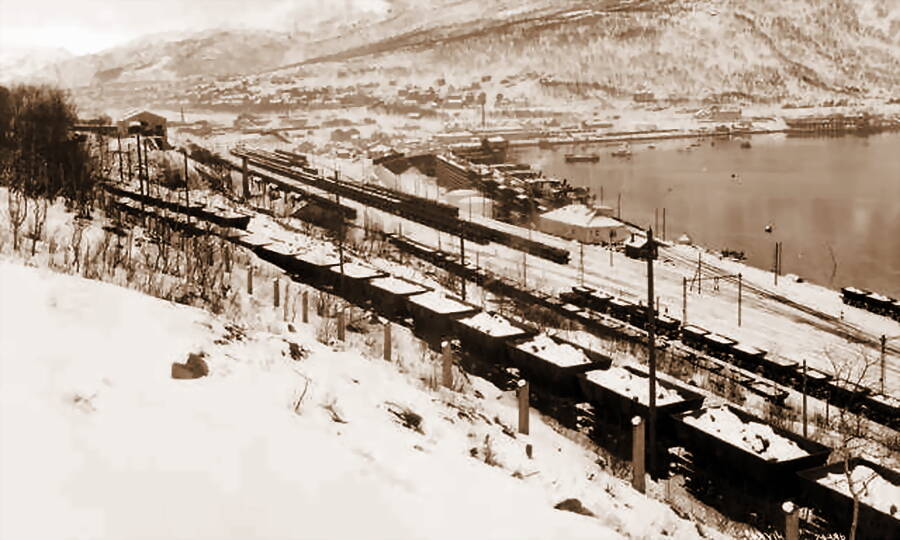 Вагоны со шведской железной рудой в норвежском полярном порту Нарвик. Отсюда она морем доставлялась в Германию