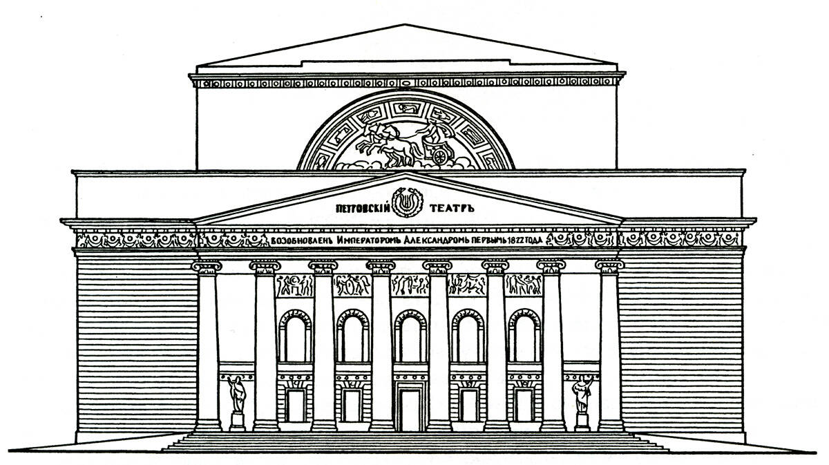 Нереализованный проект Большого театра в Москве Андрея Михайлова, 1821 год. Театр Михайлова был существенно выше фактически построенного театра Бове.