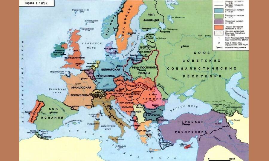 Карта новой Европы, построенной на обломках рухнувших империй. 1923 год. 
