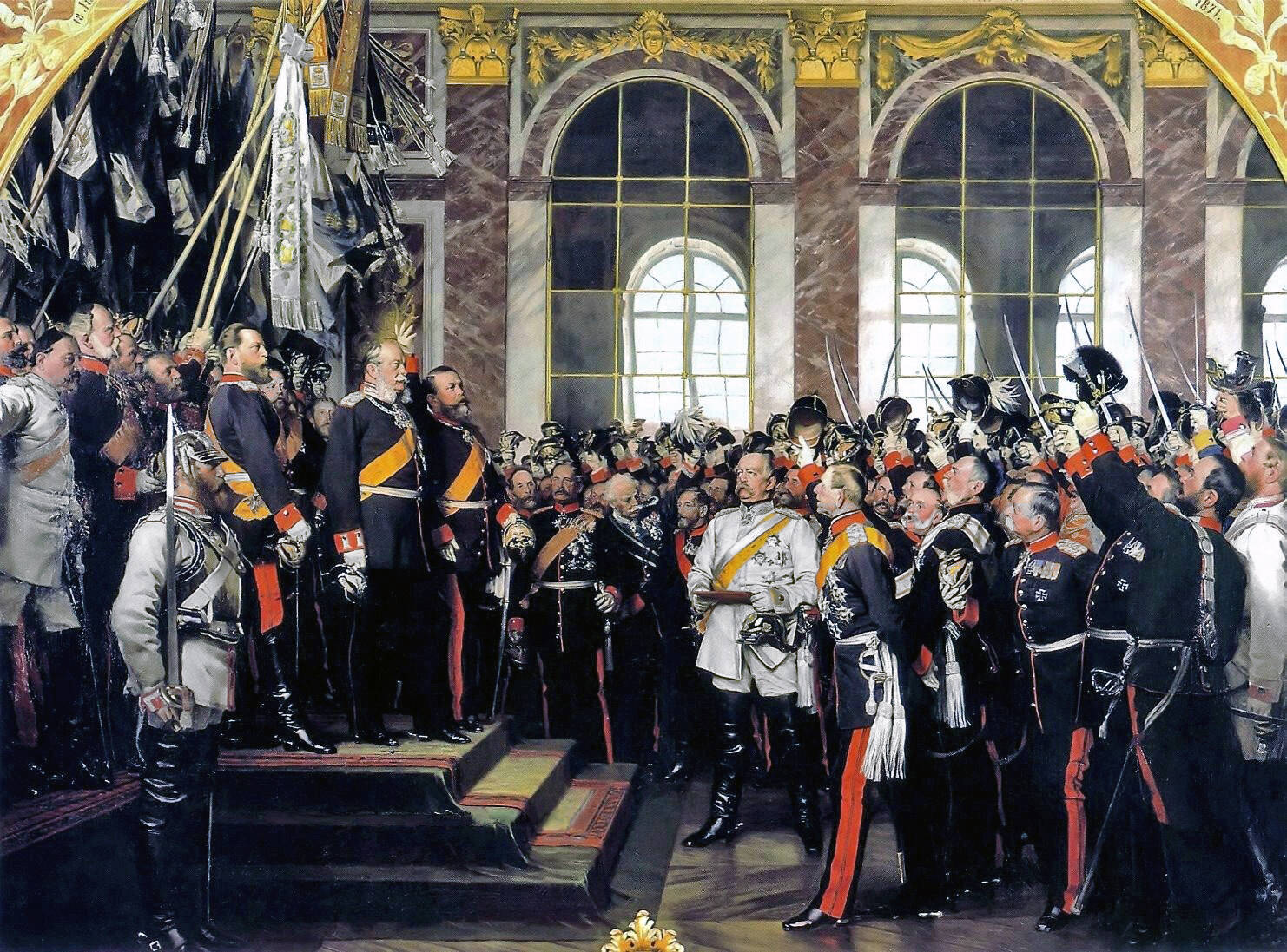 Торжественная церемония провозглашения Вильгельма I германским императором в Версале. В центре (в белом мундире) изображен О. фон Бисмарк.