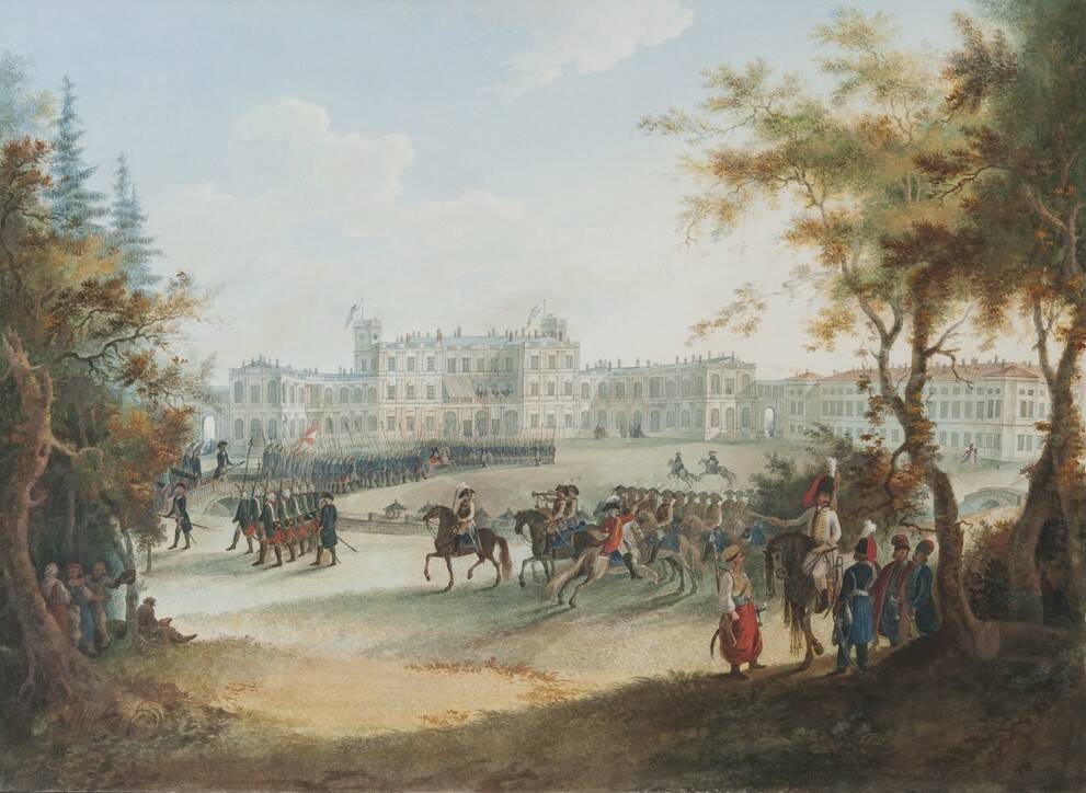 Г.С. Сергеев «Военный парад на дворцовой площади около Большого Гатчинского дворца», 1798 год.