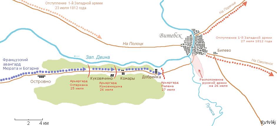 Карта арьергардных боёв под Витебском в 1812 году (Vissarion CC BY-SA 2.5)