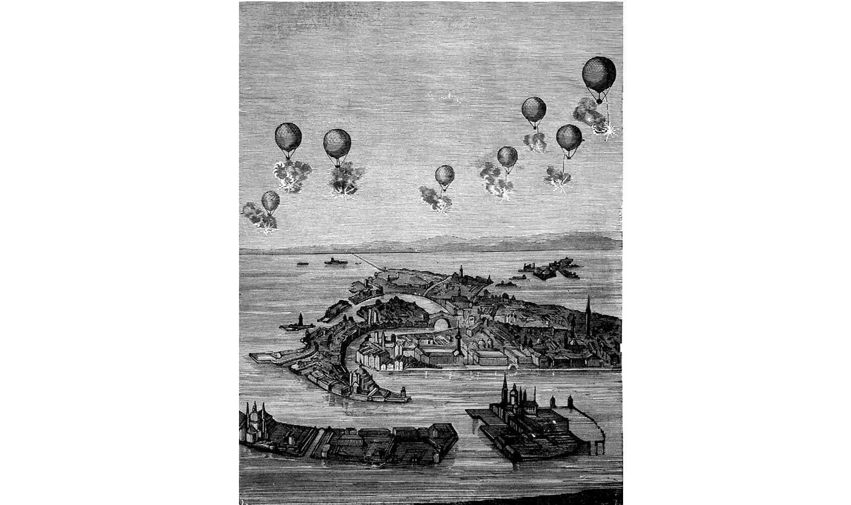 Бомбардировка Венеции австрийскими беспилотными аэростатами, 1849 год. Гравировка по дереву, автор неизвестен