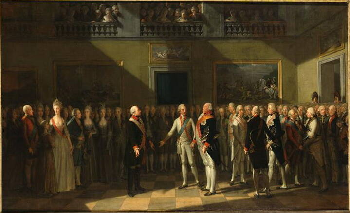 Картина Иоганна Генриха Шмидта «Встреча в Пильницком замке». 1791 год.