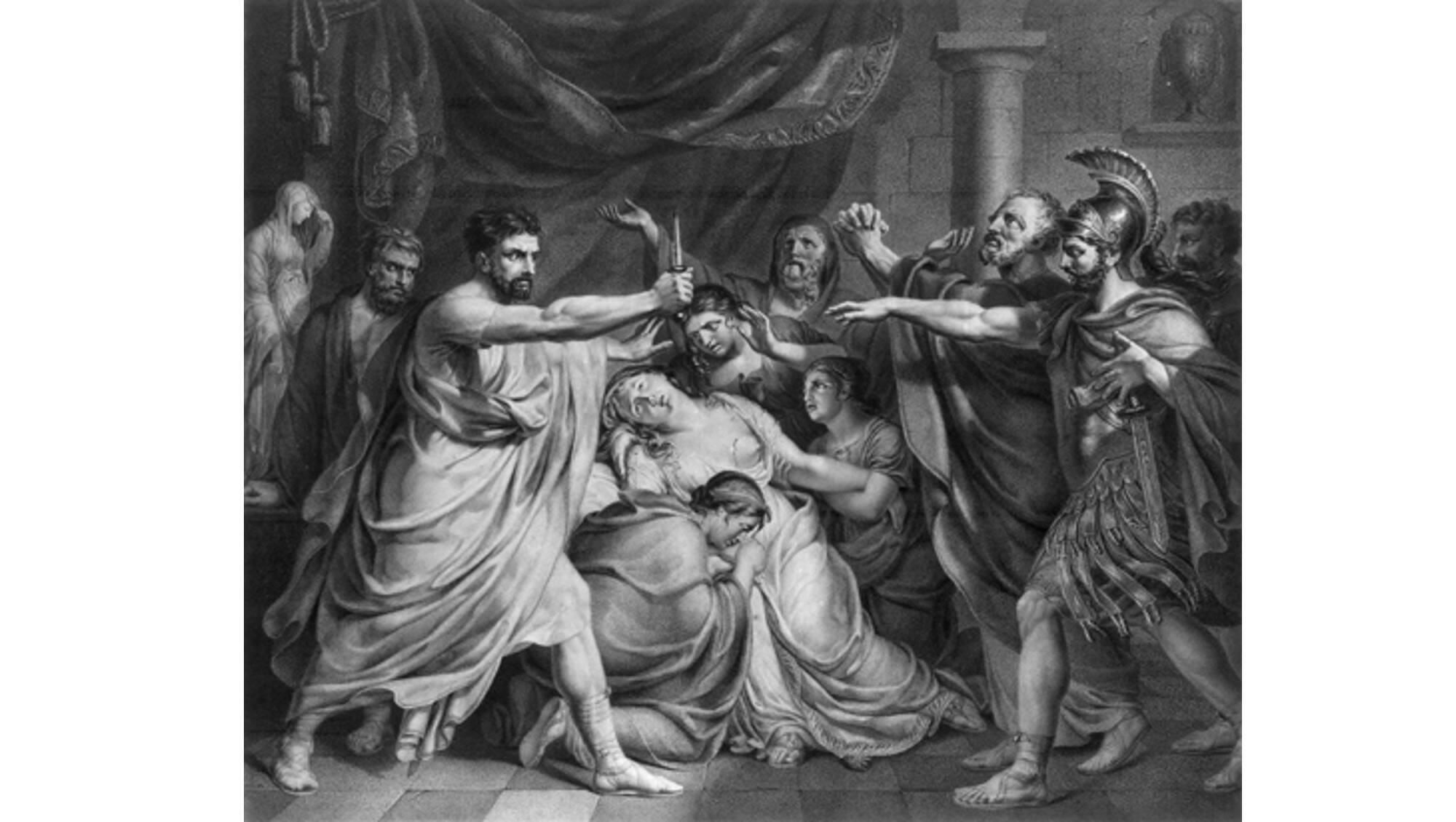 Луций Юний Брут приносит клятву свергнуть царскую власть над телом Лукреции. Картина Франсуа Навеза, ок 1845 г.