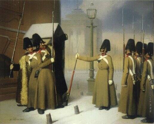Смена караула лейб-гвардии Измайловского полка у Зимнего дворца. 1850 г.