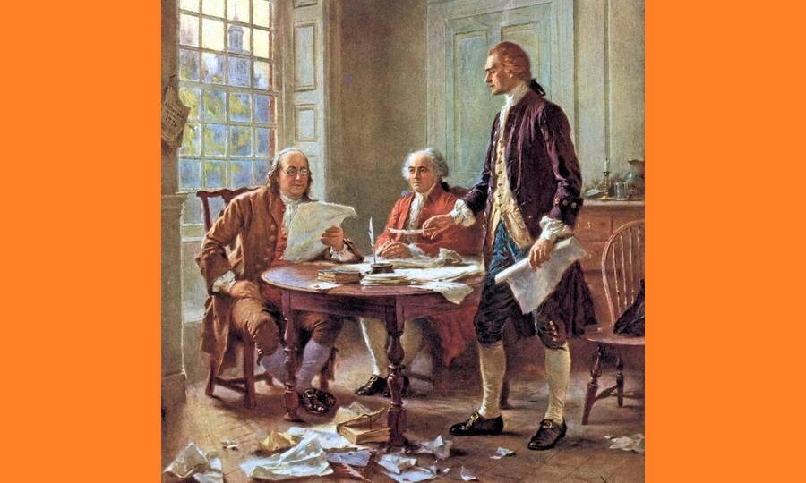 Бенджамин Франклин, Джон Адамс и Томас Джефферсон работают над Декларацией независимости США