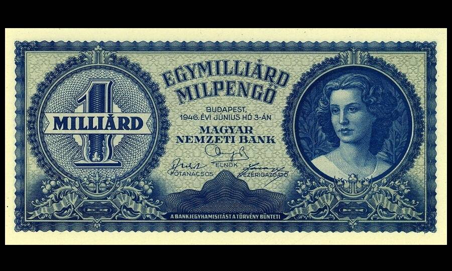 Венгерская банкнота периода гиперинфляции 1946 года с номиналом 1 000 000 000 000 000 пенго