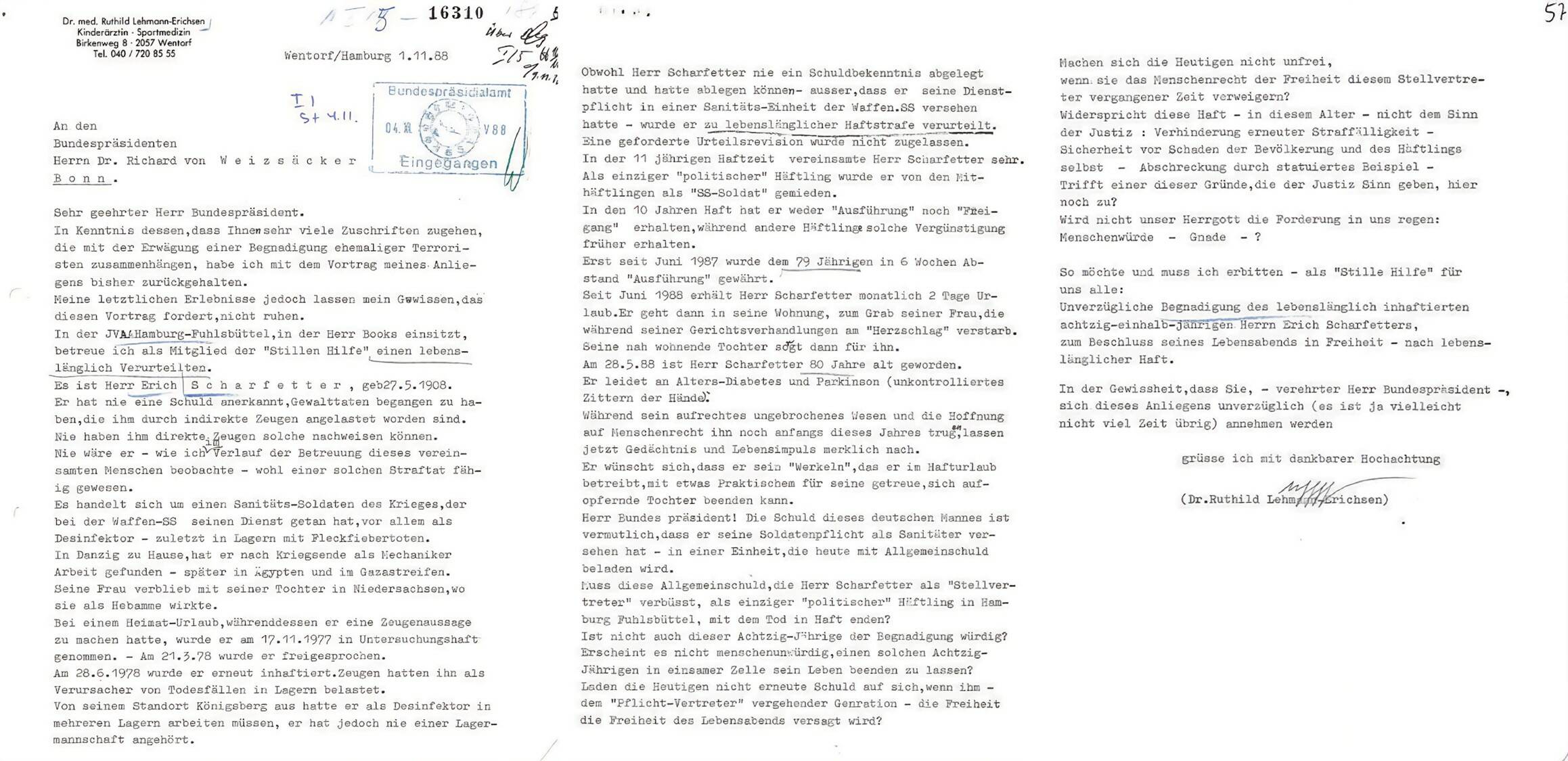Прошение о помиловании от Рутхильд Леман-Эрихсен от 1.11.1988