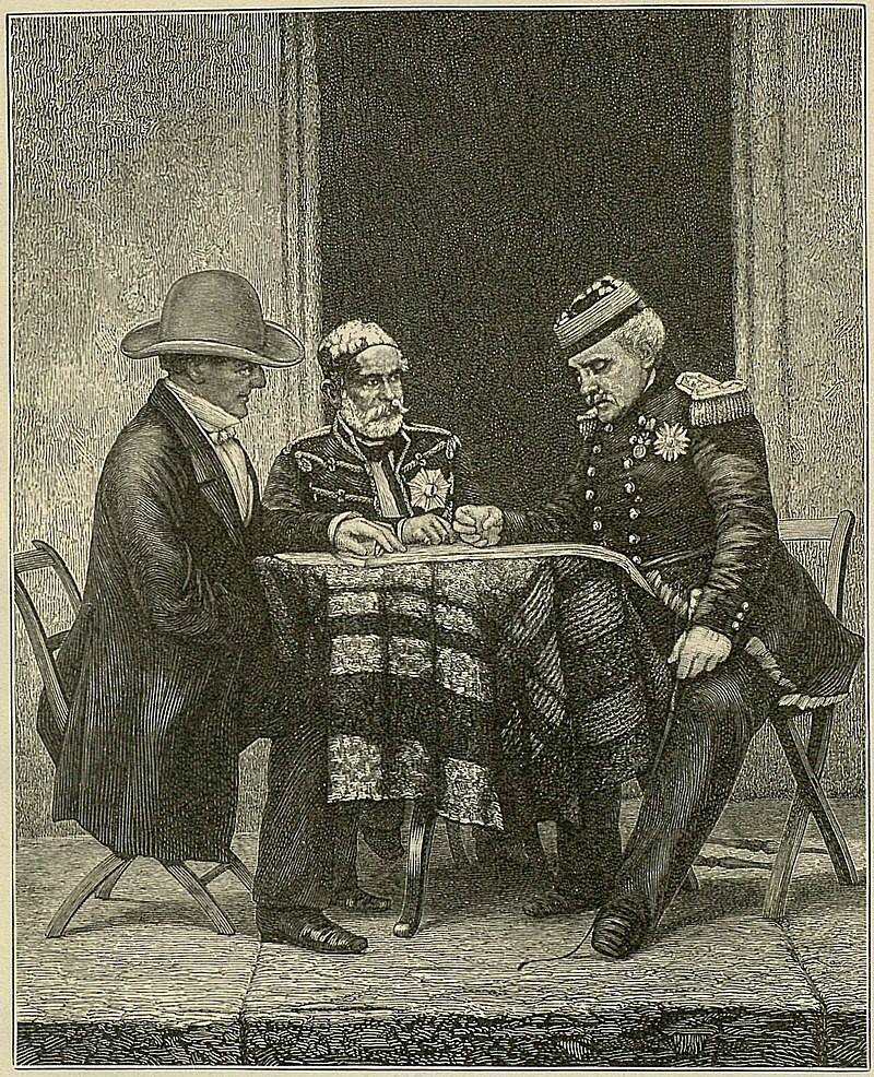 Командующие английской, турецкой и французской армий лорд Реглан, Омер-паша и Пелисье под Севастополем в 1855
