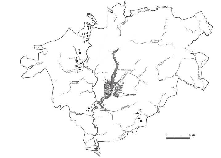 Схема расположения могильников и селищ в Людинове