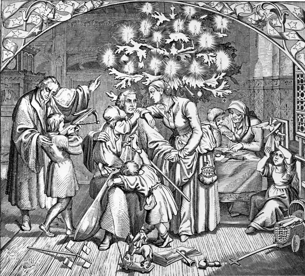 Старинная гравюра с изображением Мартина Лютера под Рождественской елью. XVI в.