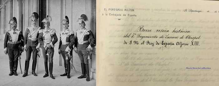 Король Альфонсо XIII в форме полковника российского полка с офицерами (справа). Титульная страница Краткой истории Седьмого уланского Ольвиопольского полка (слева)