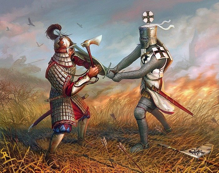 Монгольский воин в поединке с европейским рыцарем.