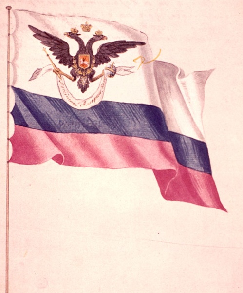 Эскиз флага Российско-Американской компании, утвержденный императором Александром I 28 сентября 1806 года. Над рисунком надпись: «На подлинном его императорского величества рукою написано так: «Быть посему»