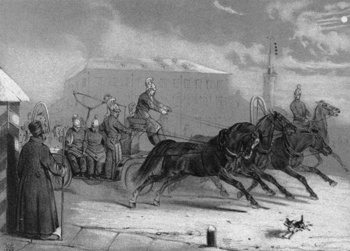«Пожарные в Петербурге». Литография Николая Сверчкова. 1845 г.