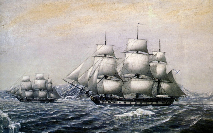 Шлюпы «Восток» и «Мирный» у берегов открытой Антарктиды зимой 1820 года. Картина художника Михаила Семенова