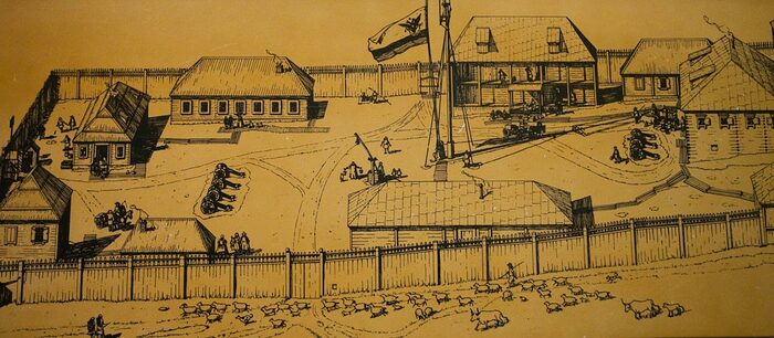 Форт-Росс — крупнейшее поселение Российско-Американской компании (хорошо виден ее флаг над фортом) на побережье Калифорнии, существовавшее с 1814 по 1841 годы. Рисунок начала 1820-х годов