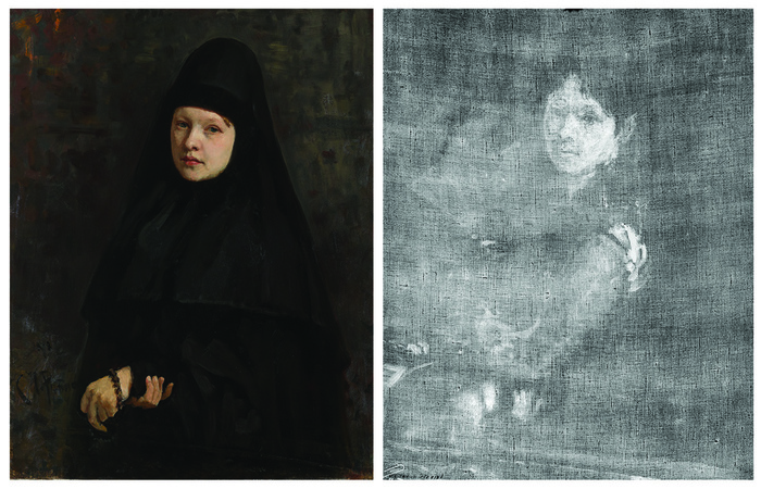 И.Е. Репин. Монахиня. 1878 г. Портрет (слева) и рентгенограмма (справа)