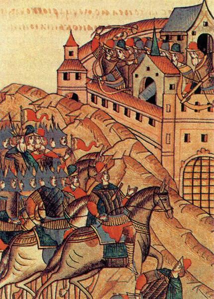 Летописная миниатюра «Осада Москвы ханом Тохтамышем». Хорошо виден ствол пушки (тюфяка), выглядывающий из бойницы башни на переднем плане