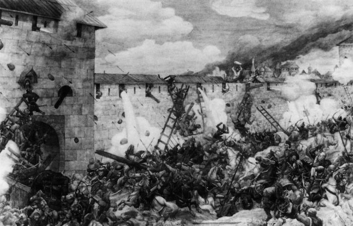 Тохтамыш штурмует стены Кремля в 1382 году». Рисунок художника Эрнста Лисснера
