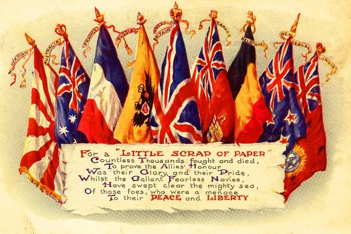 Открытка с изображением флагов основных стран, присоединившихся к Антанте к началу Первой Мировой войны