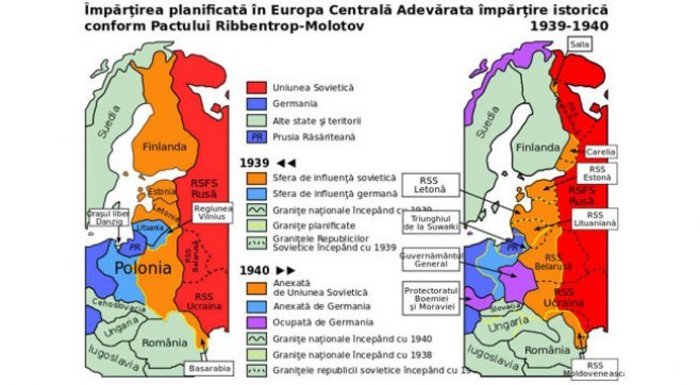 Карта предполагаемых и реальных территориальных изменений в Восточной Европе по результатам подписания пакта
