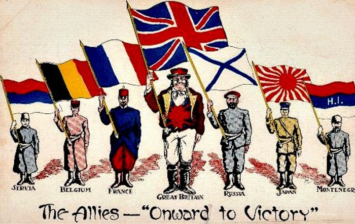 Французский рисунок, изображающий страны Антанты и их союзников по антигерманской коалиции в виде знаменосцев с государственными флагами, 1910-е годы. Видны флаги Бельгии, Франции, России, Великобритании и Сербии