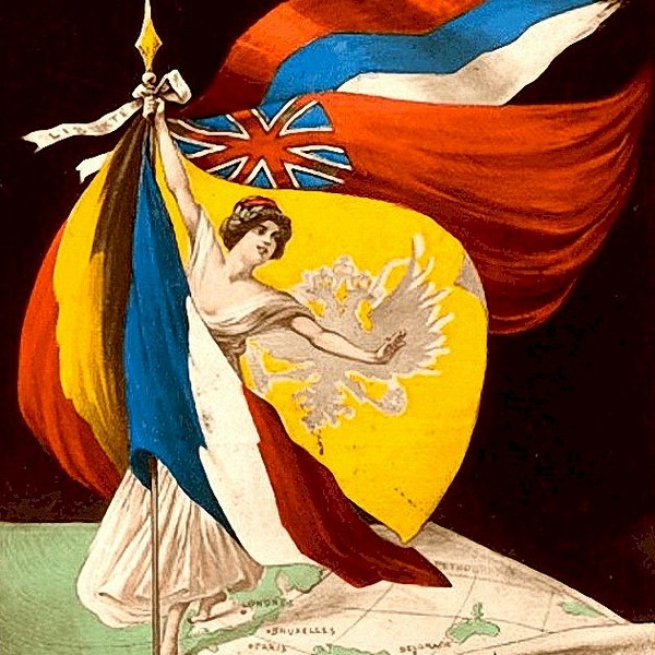 Аллегорическое изображение Антанты, держащей в руках флаги основных стран-участниц блока и их союзников